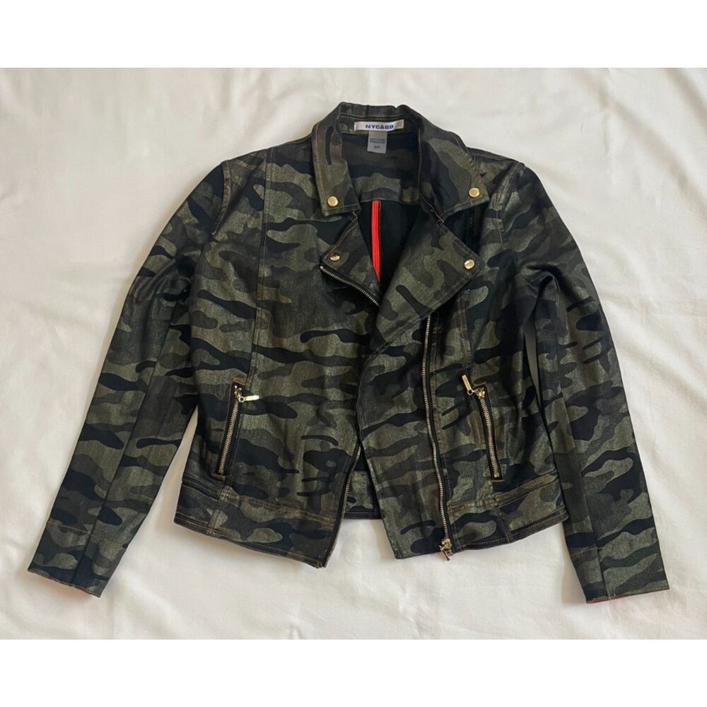 Nygard Metallic Camo Zipper Motorcycle Jacket Size Small Petite Coat